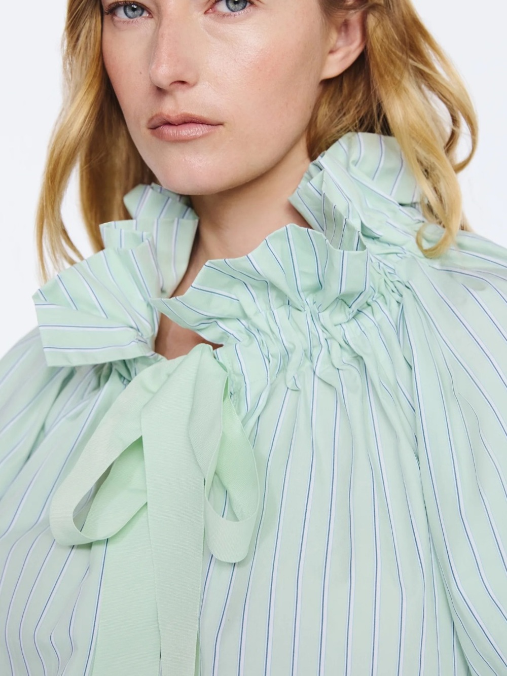 Free Assembly Light Green Striped Ruffle Tie-Neck Blouse size S, & XXL - Picture 4 of 10
